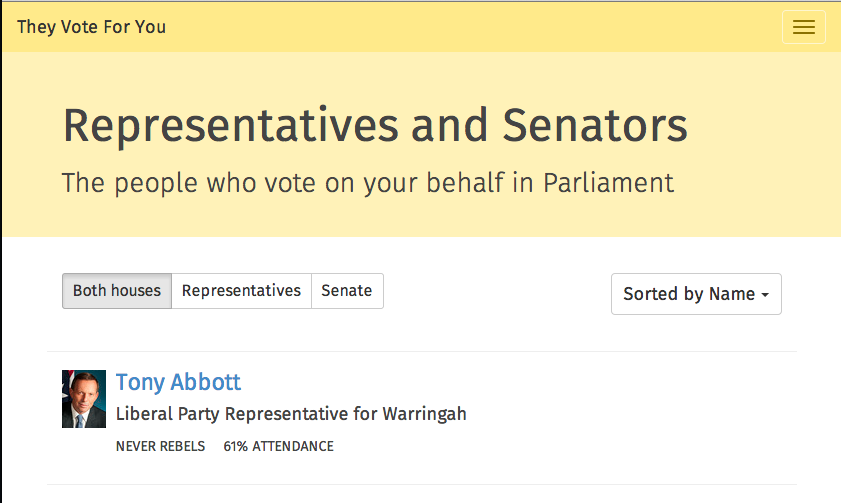 Screenshot of the /people page on They Vote For You